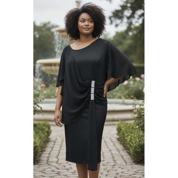 Hanna Nikole Dresses & Skirts - Hanna Nikole Black Chiffon Dress Rhinestone Drape Cape Overlay Formal Size 18w